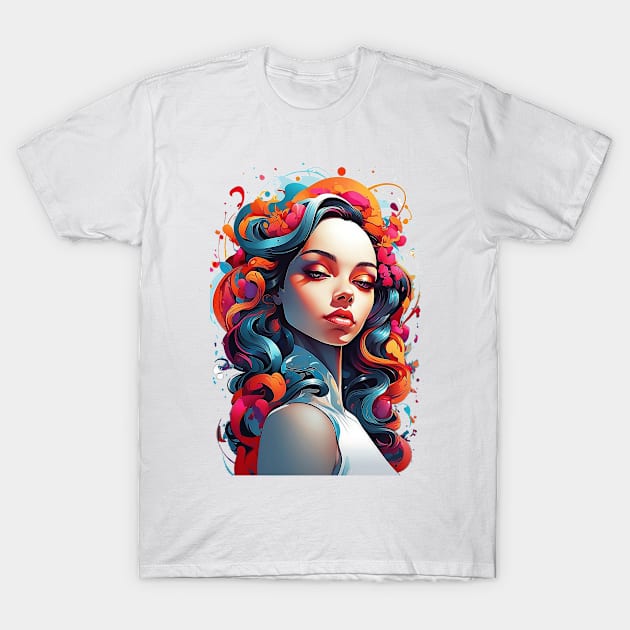 Women with Flowers in Her Hair: Blooming Beauty - Colorful T-Shirt by RhaNassim ★★★★★